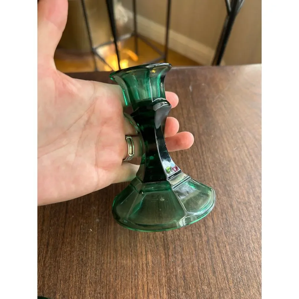 4 Vintage Emerald Green Indiana Glass Candlestick Holders